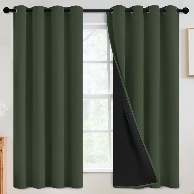 SimpleHome Greyish Green 100% Blackout Curtains Room Darken Living Room 63L | Curtains for Bedroom,Thermal Insulated Grommet Window Drapes,Curtains for Living Room with Black Back,52 x 63 Inch,2 Panels