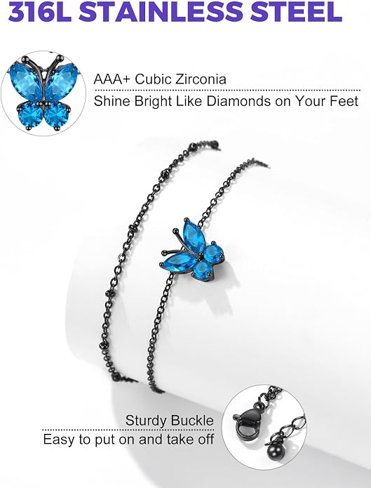 Richsteel Double Layer Heart/Butterfly Birthstone Anklet for Women Non Tarnish Waterproof, Silver/Gold/Black Stainless Steel 8.5-10.5 Inch Adjustable Chain Anklets Jewelry Gifts for Her