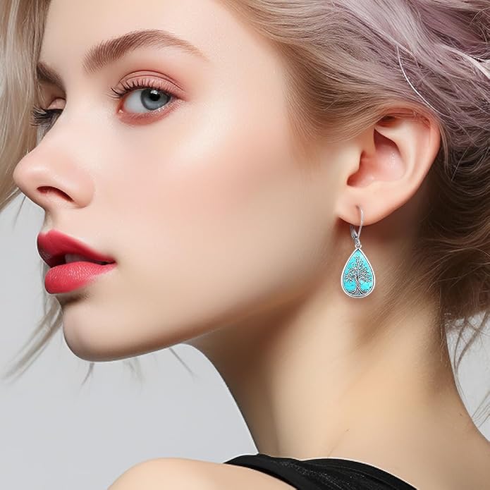 Dangle Earrings Sterling Silver Moonstone/Turquoise/CZ/Crystal Earrings for Women Tree of Life Animal Filigree Leverback Earrings Jewelry Gifts