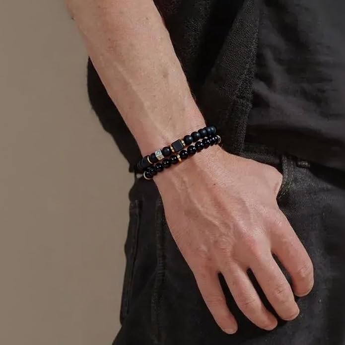Beaded Bracelets for Men, 8MM Black Obsidian Tiger Eye Lava Rock Stone Bracelet, Cross Diffuser Aromatherapy Bracelet Set for Him Dad