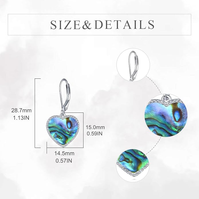 Mother of Pearl/Black Onyx/Abalone Shell Heart Leverback Dangle Earrings Sterling Silver Fashion Jewelry Gifts for Women