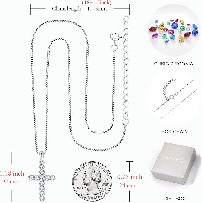 STARCHENIE Cross Necklace Sterling Silver Crucifix Pendant Gemstones Jewelry for Women