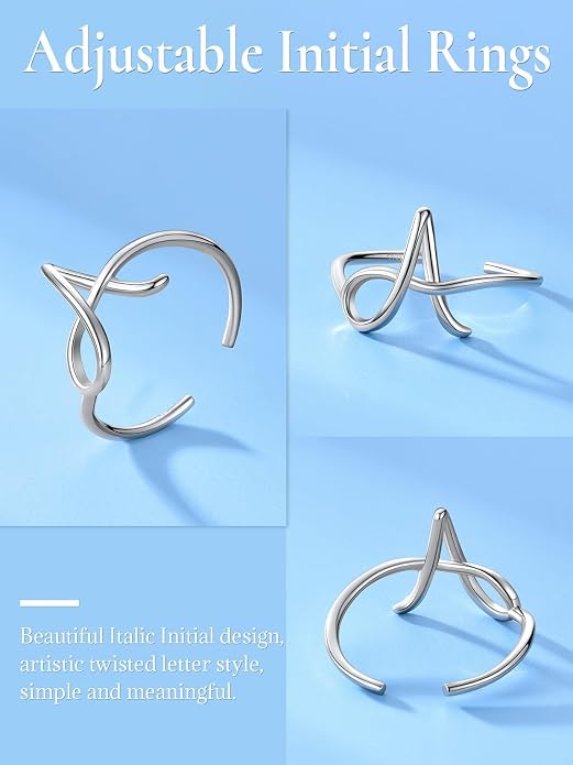 SILVERCUTE S925 Initial Rings, Adjustable Size 6-12 Statement Alphabet Letter A-Z Jewelry Personalized Twisted Initials Rings Sterling Silver Stacking Ring for Women