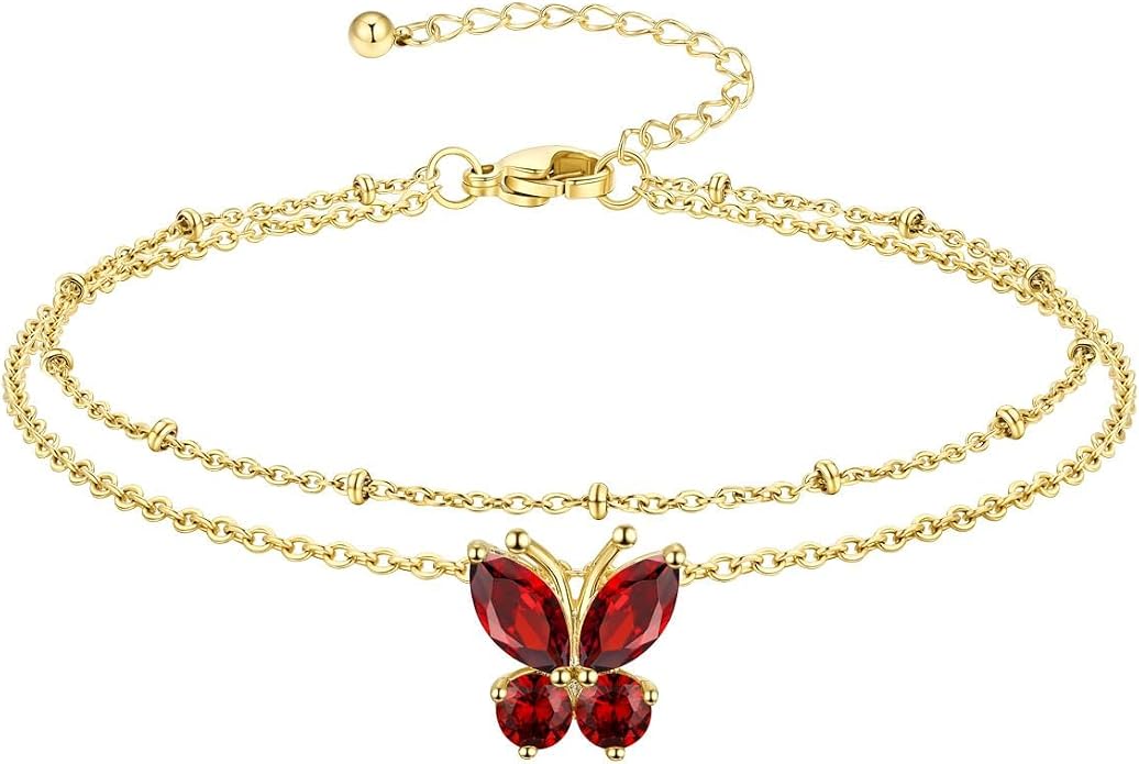 Richsteel Double Layer Heart/Butterfly Birthstone Anklet for Women Non Tarnish Waterproof, Silver/Gold/Black Stainless Steel 8.5-10.5 Inch Adjustable Chain Anklets Jewelry Gifts for Her