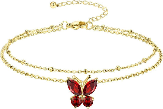 Richsteel Double Layer Heart/Butterfly Birthstone Anklet for Women Non Tarnish Waterproof, Silver/Gold/Black Stainless Steel 8.5-10.5 Inch Adjustable Chain Anklets Jewelry Gifts for Her