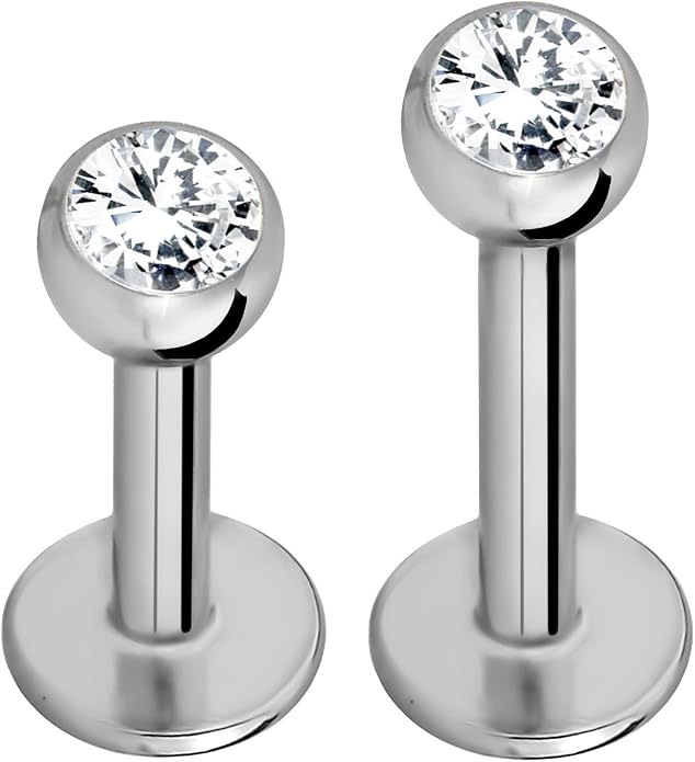 Forbidden Body Jewelry 16G-18G Internally Threaded Solid Titanium Tragus/Helix Earring/Labret Stud with CZ Ball Top