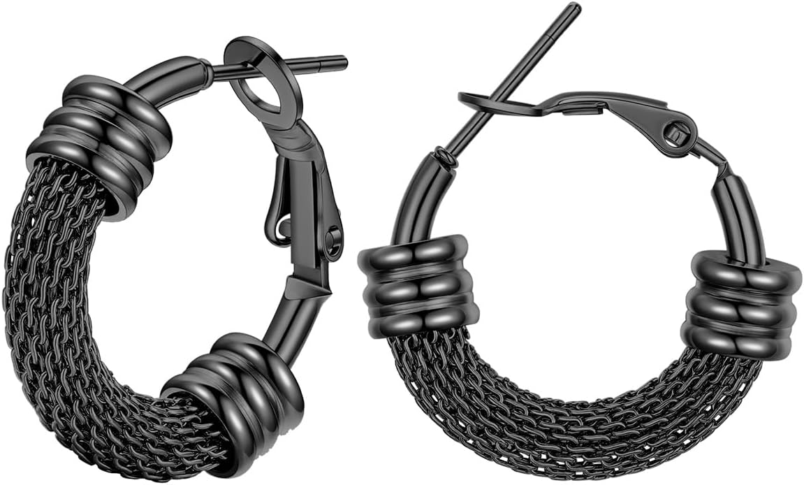 FOCALOOK 14K Gold Plated Hoop Earrings, Lightweight Hypoallergenic Large Stainless Steel Black Hoops Earrings for Women 20/30/40/50/60/70/80mm