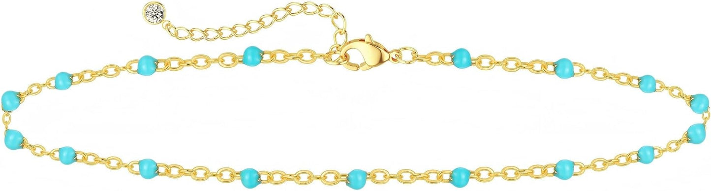 Rotnso Anklets for Women 14K Gold Silver Plated Ankle Bracelets Trendy Waterproof Boho Anklets Set Adjustable Dainty Cute Diamond Beaded Heart Non Tarnish Summer Beach Jewelry Gift