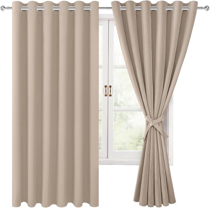Hiasan Grommet Blackout Curtains for Bedroom, 70 x 63 Inches - Thermal Insulated & Light Blocking Window Drapes for Living Room/Dorm Room, Set of 2 Panels Sewn with Tiebacks, Camel