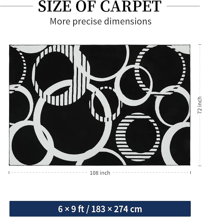 YIHOUSE Washable Black and White Living Room Rug 6x9 Area Rugs Non Slip | High and Low Pile Soft Rugs for Bedroom Dining Room, Soft Modern 3D Textured Carpet for Playroom Home Office Decor