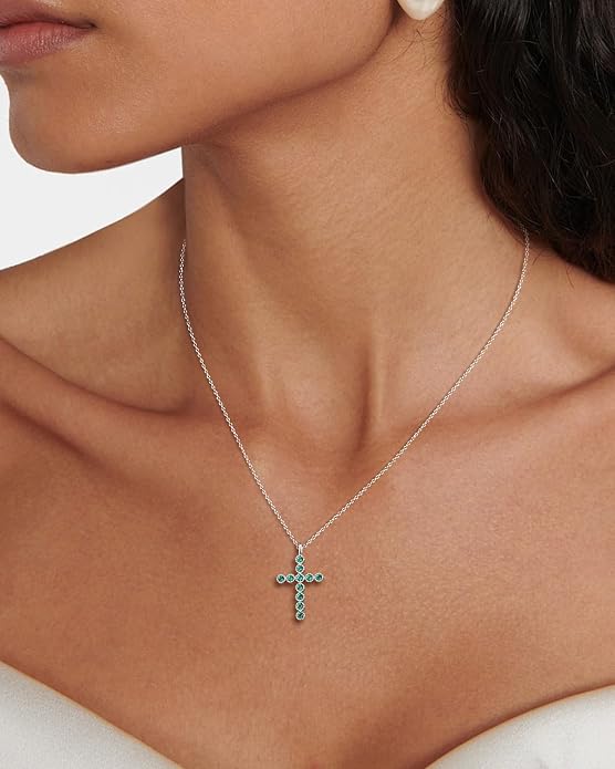 925 Sterling Silver 18 inch Birthstone Cross Pendant Necklace for Women Men
