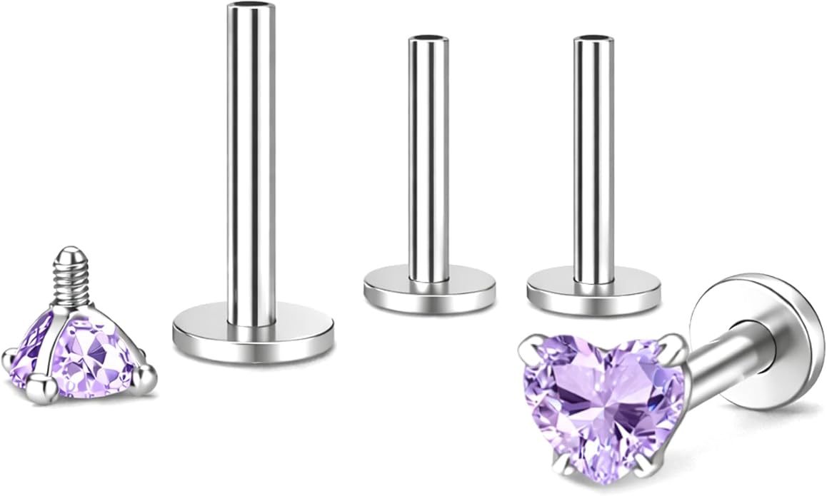Titanium Heart CZ Labret Stud Earrings for Piercings by Ginger Lyne 6Pc Set G23 Screw Front Flat Back Body Jewelry 2 pair post 6mm, 8mm Cartilage, Helix, Tragus, Lip, Conch, Lobe