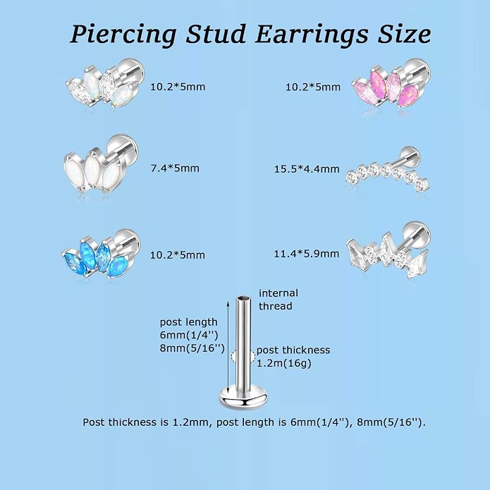 Lantine G23 Titanium Helix Piercing Jewelry Opal 16g Flat Back Stud Earrings Climber Labret Cartilage Tragus Daith Piercing Jewelry