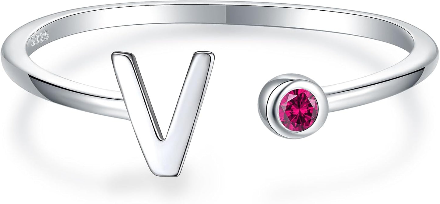 925 Sterling Silver Initial Letter Birthstone Rings for Women Adjustable 1-12 Month Birthstone Alphabet Stacking Ring for Teens Girls Stackable Birthstone Rings Birthday Jewelry Gift for Daughter Mom