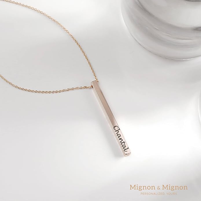 MignonandMignon 4 Sided Engraved Bar Necklace Personalized | Coordinates Name Necklace for Women Gold Silver | Custom Engraved Pendant Mom Gift Mothers Day Birthday
