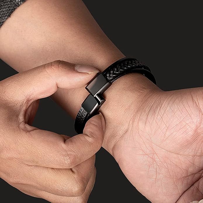 Mens Leather Bracelet Multi Layer – Braided Black Wristband with Stainless Steel Clasp, Minimalist Stylish Jewelry for Men, Everyday Wear Brown Black Blue