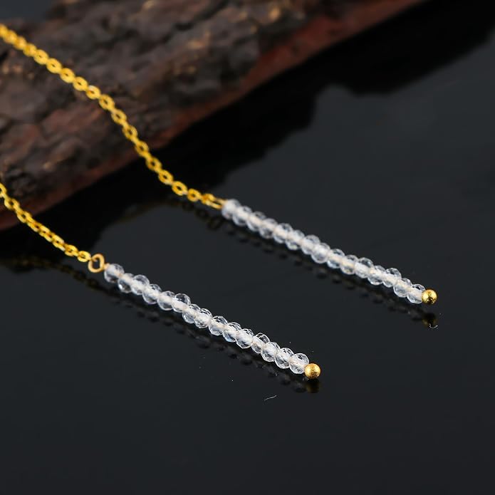 Natural Gemstone Threader Earrings for Women - Dainty 2mm Faceted Beads - Birthstone Crystal Drop Earrings - Silver Plated Healing Jewelry