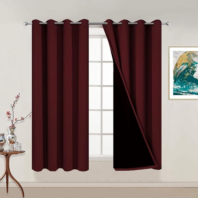 Yakamok Burgundy Red Blackout Curtains 54 Inches Long for Bedroom 52" Wide | Blackout Curtain Panels for Bedroom, 2 Thick Layers Grommet Top Thermal Insulated Drapes with Black Liner for Living Room