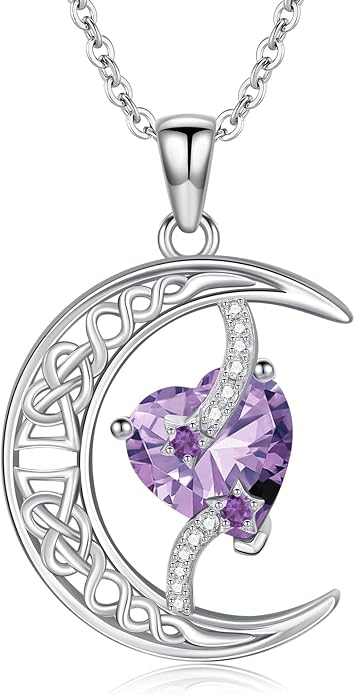 TOUPOP Moon and Star Birthstone Necklace for Women 925 Sterling Silver Celtic Moon Jewelry Birthday Mothers Day Gifts for Mom Wife Her