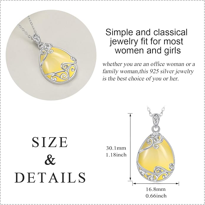 YAFEINI 925 Sterling Silver Moonstone Necklace Filigree Teardrop Pendant Necklace Jewelry for Women Girls