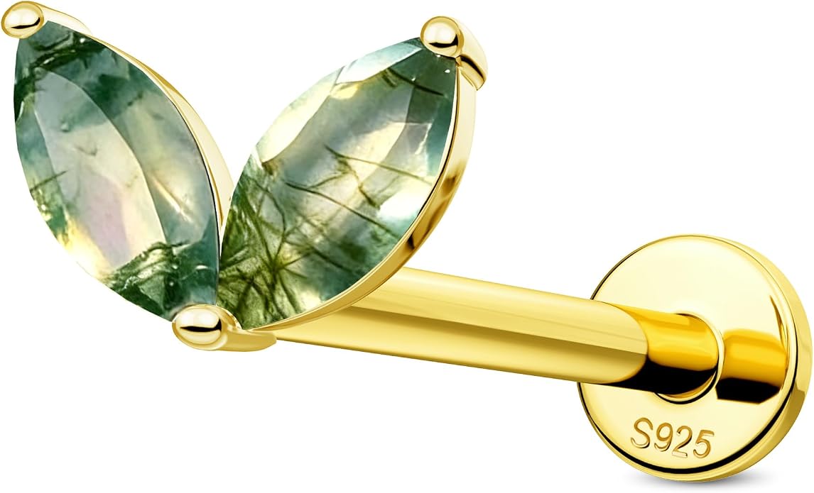 Jewseen Celtic knot&Butterfly Moss Agate Stud Earrings Dangle Internal Threaded Flat Back 16g 8mm Hypoallergenic 925 Sterling Silver Piercing Jewelry for Cartilage Lip Conch Tragus Helix