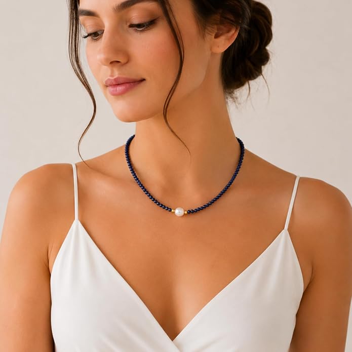 InfinityGemsArt Gemstone Gold Necklace For Women, Birthstone Natural Crystal Stone With Freshwater Pearl Beaded Jewelry, Gold Plated 18 Inch Chain