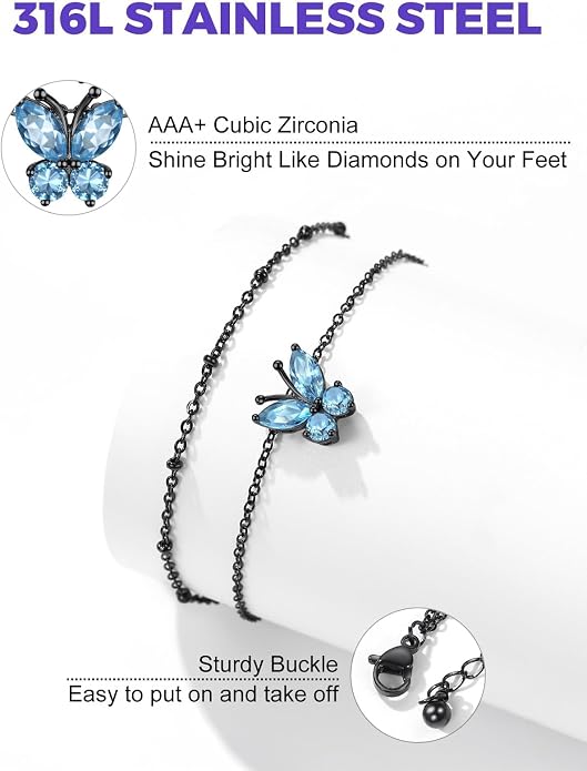 Richsteel Double Layer Heart/Butterfly Birthstone Anklet for Women Non Tarnish Waterproof, Silver/Gold/Black Stainless Steel 8.5-10.5 Inch Adjustable Chain Anklets Jewelry Gifts for Her