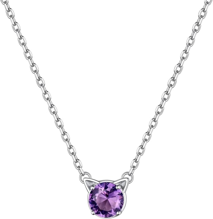 ChicSilver Bow and Cat Birthstone Necklace, 925 Sterling Silver Pendant Necklaces for Women, Hypoallergenic Silver Choker with 16 inch Rolo Chain, 12 Months Jewelry for Valentines Mothers Day Christmas