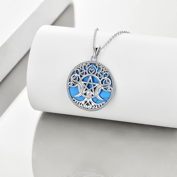 YFN Triple Moon Goddess Necklace Sterling Silver Pentagram Pentacle Opal Pendant necklace Pagan Wiccan Magic Amulet Tree of Life Jewelry for Women Men 18"