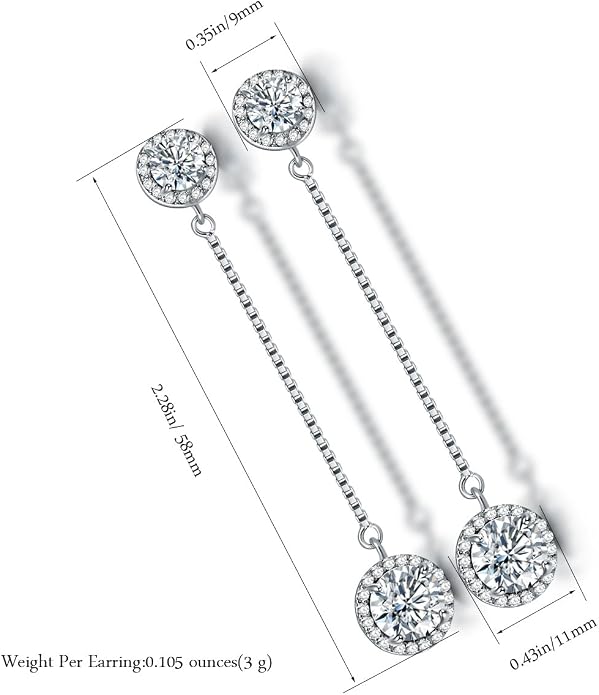 Crystal Linear Drop Earrings - Womens Sterling Silver Round Cubic Zirconia CZ Diamond Rhinestone Long Chain Dangle Earrings Bridal Drop Earrings for Wedding Bride Bridesmaids