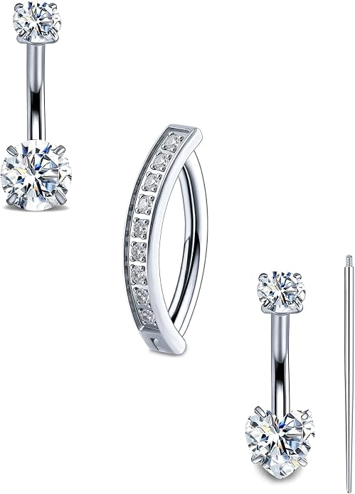 Kosuwo Mimosa Stone 925 Sterling Silver Navel Ring Women's Navel Piercing Jewelry Hypoallergenic Sterling Silver Navel Ring Cute Navel Piercing Ring 3-Piece Set
