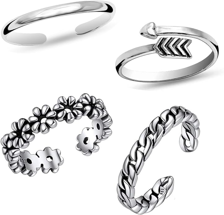 LeCalla 925 Sterling Silver Minimalist Toe Rings Set of Toe Ring Lightweight Antique Adjustable Open Toe Rings Band Ring Summer Beach Foot Jewelry Set for Women