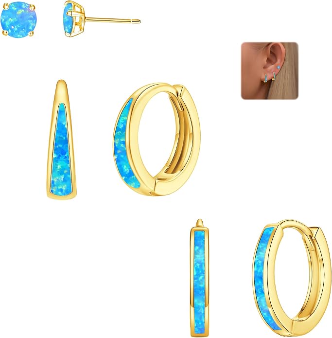 CiNily Opal Earrings Set for Women Hypoallergenic, Opal Stud Huggie Hoop Earrings Silver/Rose Gold Plated Dainty Hoop Huggie Silver Dangle Earring Stacks, Gold Jewelry