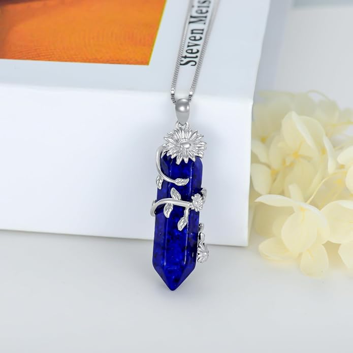 Healing Crystal Necklace 925 Sterling Silver Sunflower/Tree of Life Wrapped Pendant Reiki Energy Jewelry for Women