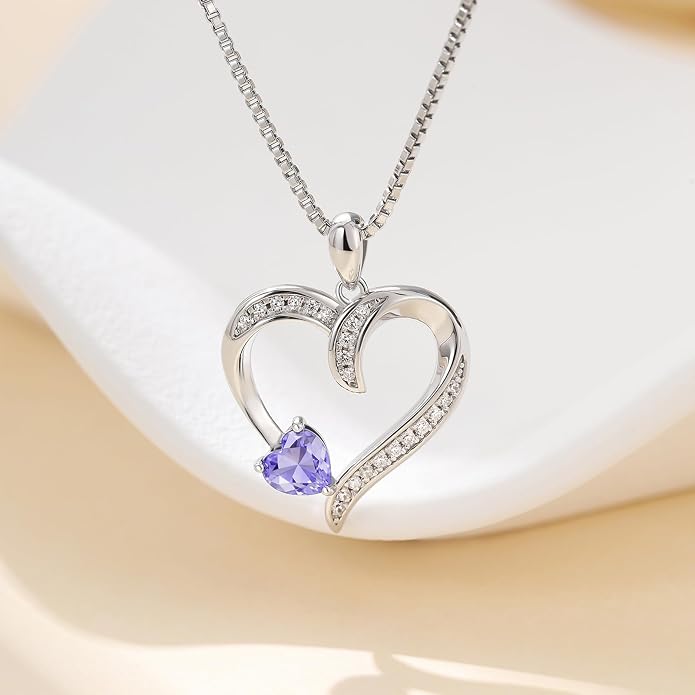 Love Heart Necklace for Women, 925 Sterling Silver Cubic Zirconia Birthstone Heart Pendant Jewelry Gift for Mom, Mother, Wife, Girlfriend on Birthday, Mother's Day, Chain 18 inch