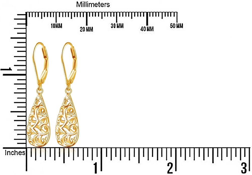 Sterling Silver Leverback Dangle Earrings for Women Teardrop Filigree 14K Gold Plated Dangly Earrings Mother’s Day Gift