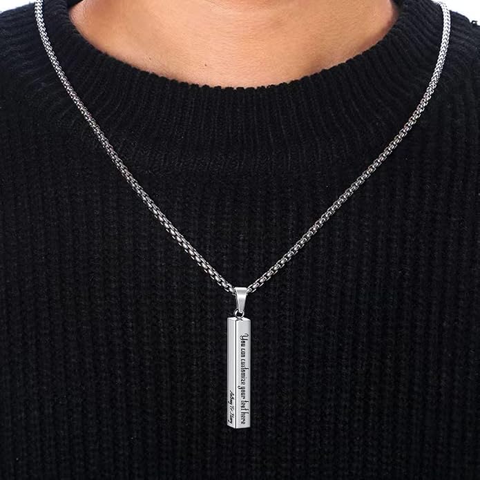 BellBlow- Personalized Bar Necklace Engraved with Name for Men Woman, Custom 3D Vertical Bar Pendant Name Chain Necklaces, 4sides Customizable Name Plate Necklace Jewelry Gift Boyfriend Girlfriend