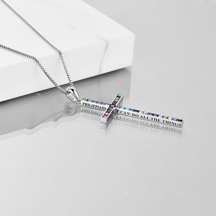 POPLYKE Cross Necklace 925 Sterling Silver Philippians 4:13 I Can Do All The Things Inspirational Necklace Gifts for Women Men 20+2''