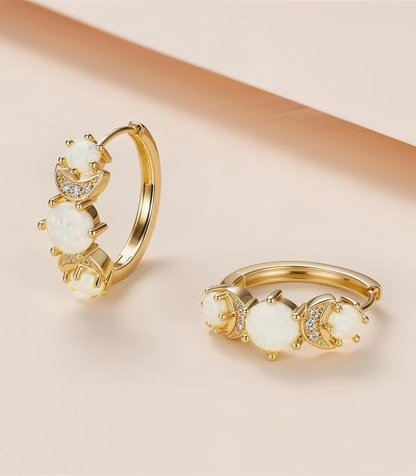 Opal Earrings for Women Gold Plated Hoop Earrings with Blue Opal Huggie with 925 Sterling Silver Post