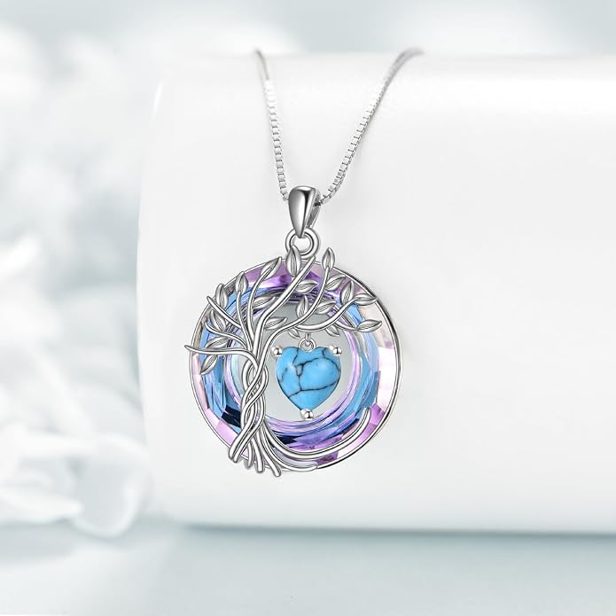 POPLYKE Mothers Day Gifts for Mom Her Wife Tree of Life Necklace 925 Sterling Silver Birthstone Pendant with Crystal Anniversary Birthday Wedding Jewelry for Women