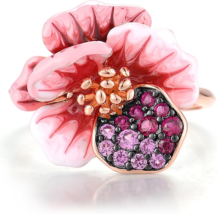 Santuzza 925 Sterling Silver Enamel Flower Statement Ring for Women