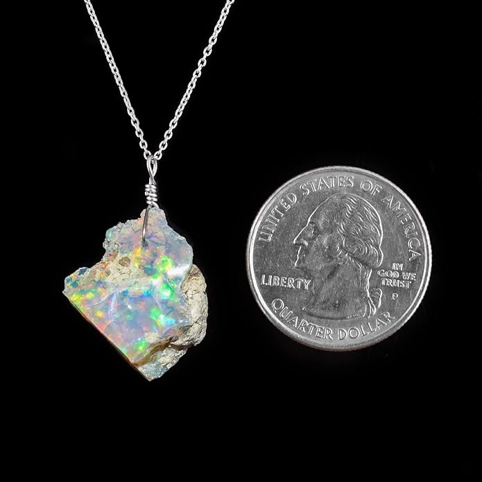 Ultra Fire Raw Ethiopian Opal Rough Dainty Pendant Necklace For Women, Healing Chakra Crystals, Handmade October Birthstone Jewelry, 925 Silver Chain 18 inch, Wedding Gift