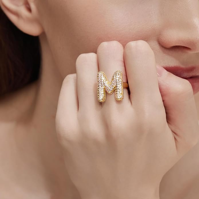Cicy Bell Initial Rings for Women 14k Gold Plated Cubic Zirconia Delicate Letter Chunky Statement Open Rings Gifts for Her