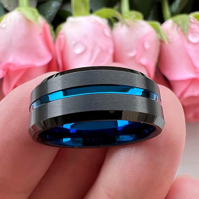 TUTISS 6mm 8mm Silver/Black/Blue/Gunmetal/Gold/Rose Gold Tungsten Rings for Men Women Fashion Engagement Wedding Bands Matte Finish Beveled Edges Comfort Fit