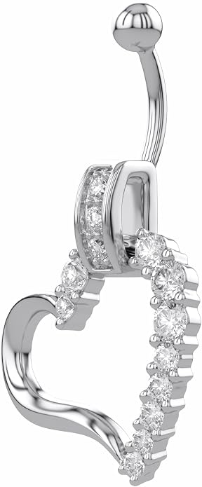 AFFY Women's Heart Charm Belly Ring with Round White Cubic Zirconia in 14K Gold Plated 925 Sterling Silver, Dangle Navel Piercing Jewelry for Her