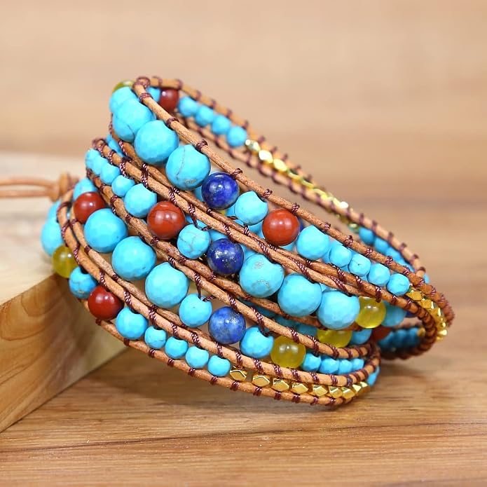 Boho Wrap Bead Bracelet for Women - Handmade Adjustable Natural Stone Beaded Bracelets Yoga Healing Bracelet Bangle Hippie Jewelry