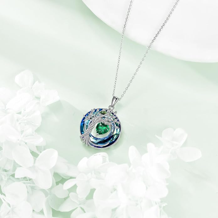 POPLYKE Mothers Day Gifts for Mom Her Wife Tree of Life Necklace 925 Sterling Silver Birthstone Pendant with Crystal Anniversary Birthday Wedding Jewelry for Women