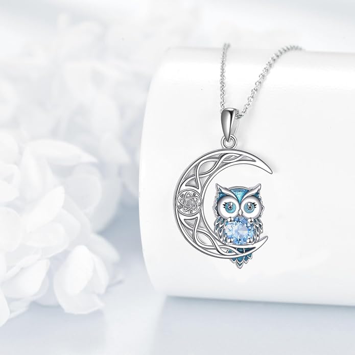 Owl Birthstone Necklace Sterling Silver Celtic Moon Pendant Cubic Zirconia Owls Jewelry Birthday Gifts for Women Men