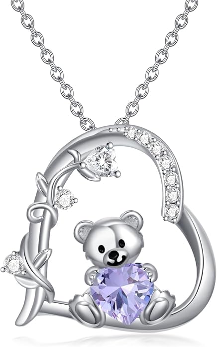 PELOVNY Teddy Bear Necklace for Women 925 Sterling Silver Bear/Highland Cow/Fox/Cat/Axolotl Birthstone Necklace Christmas Birthday Jewelry Gifts for Mom Daughter Wife Sister