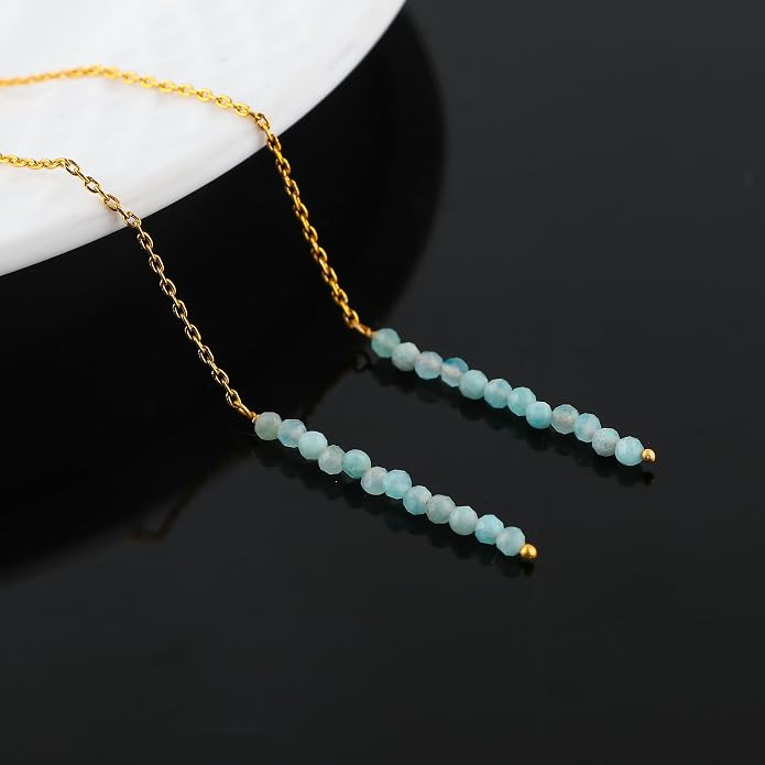 Natural Gemstone Threader Earrings for Women - Dainty 2mm Faceted Beads - Birthstone Crystal Drop Earrings - Silver Plated Healing Jewelry